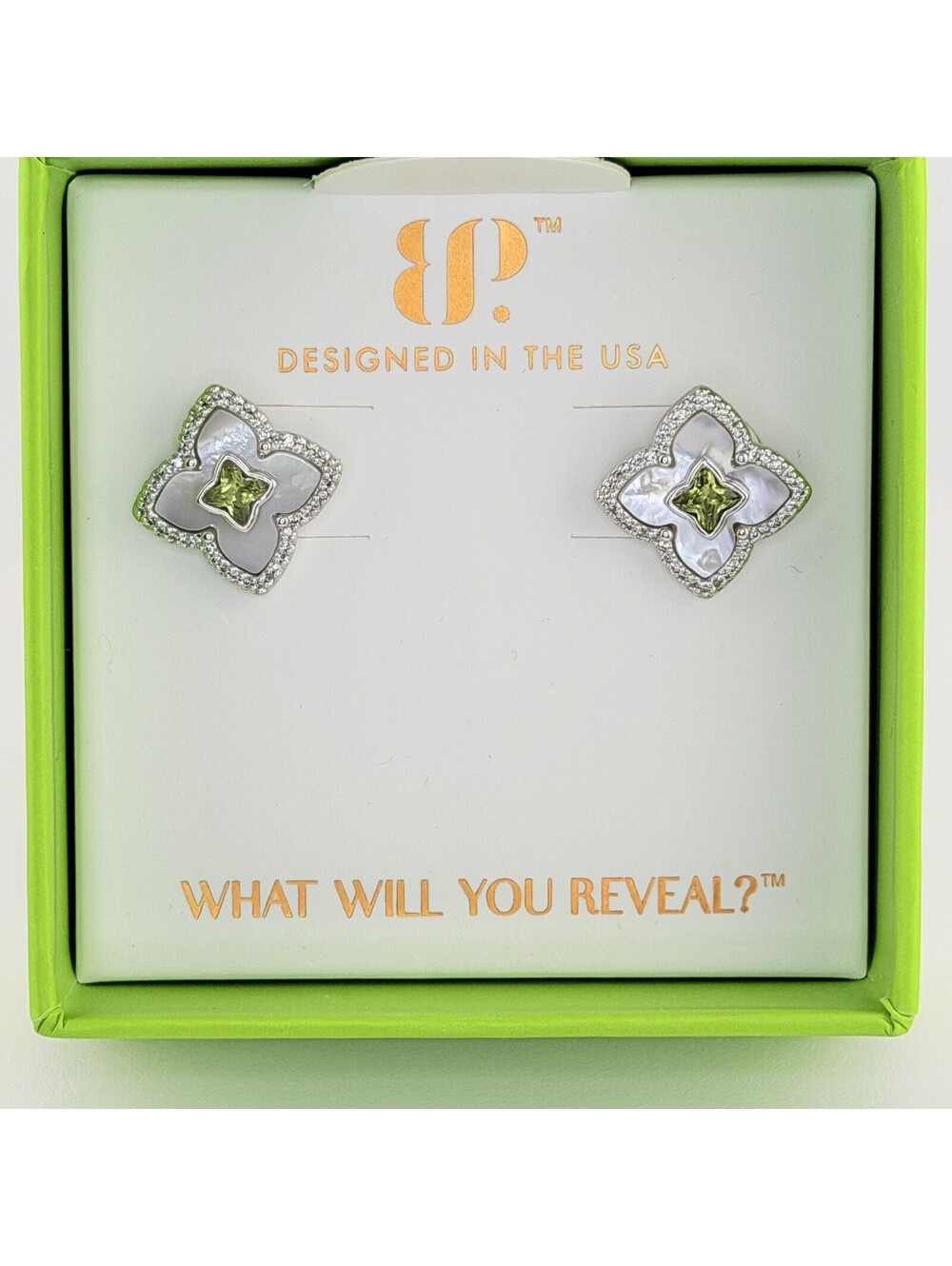 Bomb Party August CLOVER Earrings "Coastline Charm" Peridot & MOP on Rhodium